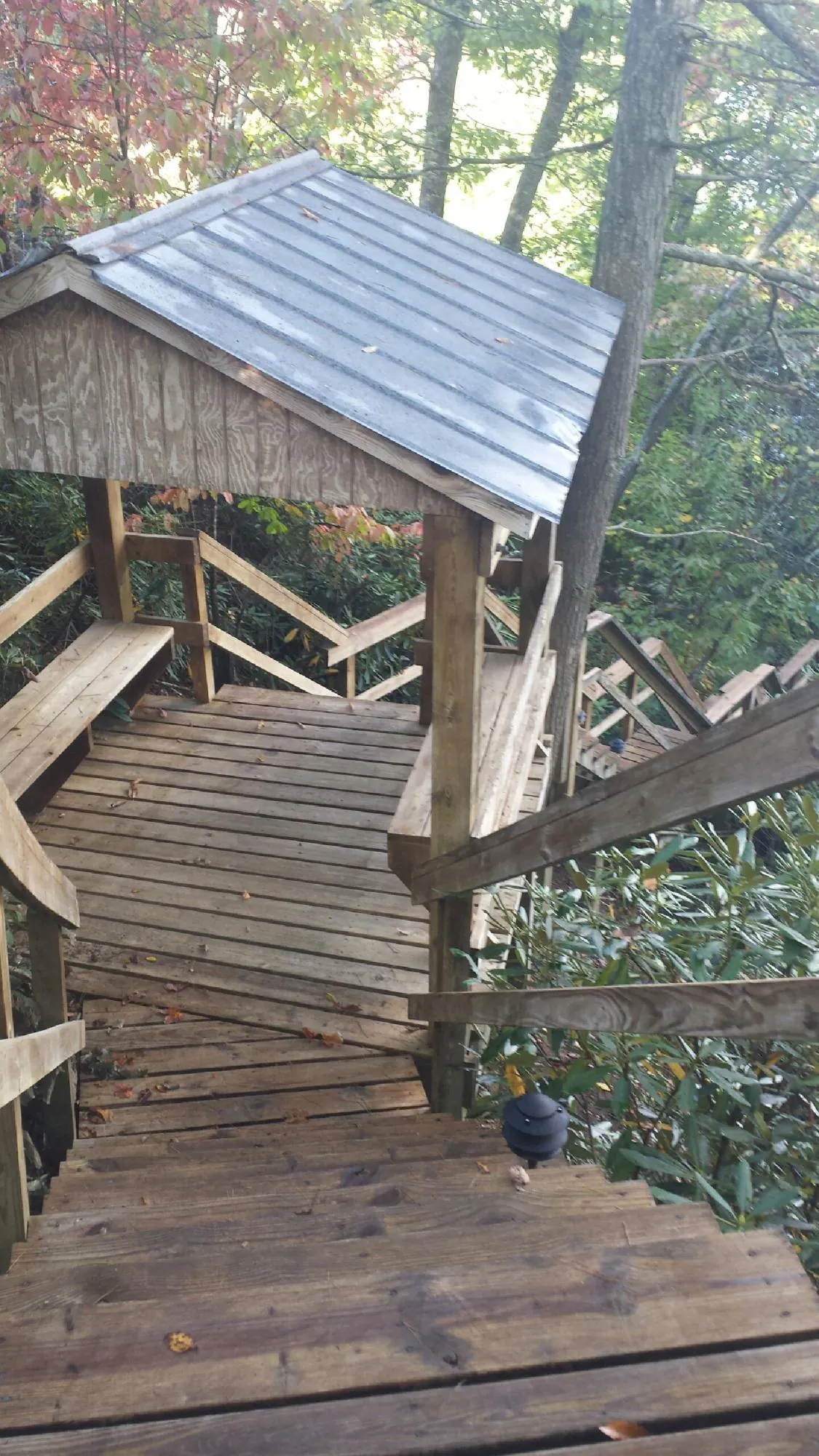 Metal roofed shelter over wooden steps on a wooded walkway — Skylight Repair & Installation work by our crew in Dixon Springs